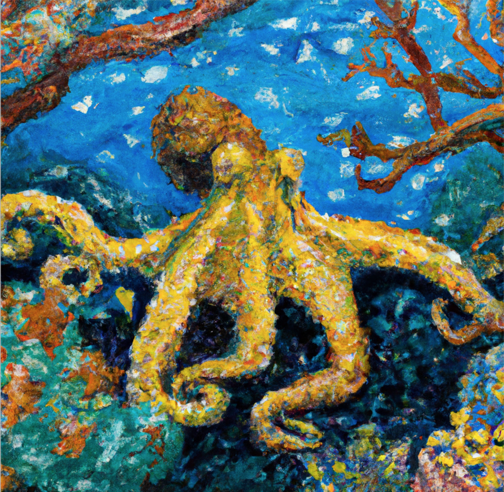 Van Gogh Octopus Hiding on Coral by DALLE