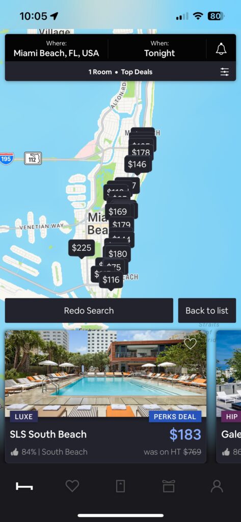 Hotel tonight example on mobile device for Miami beach