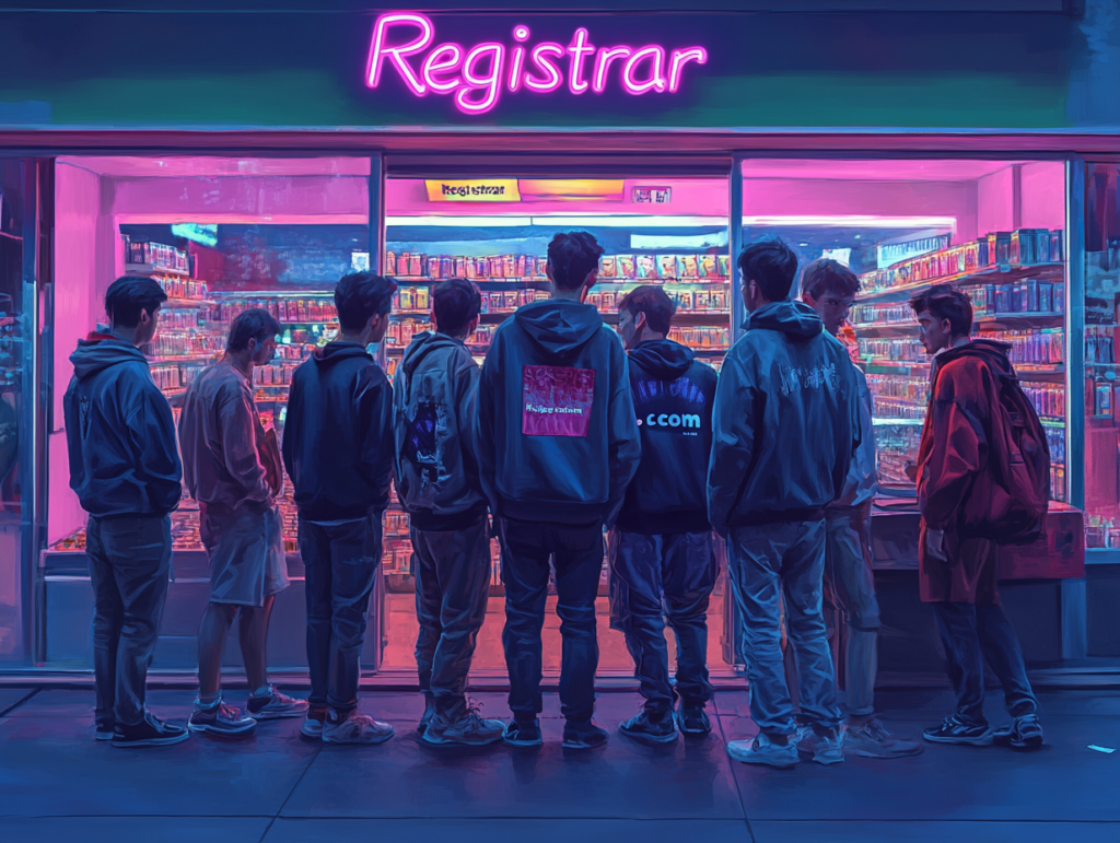 people waiting in line to register a domain name