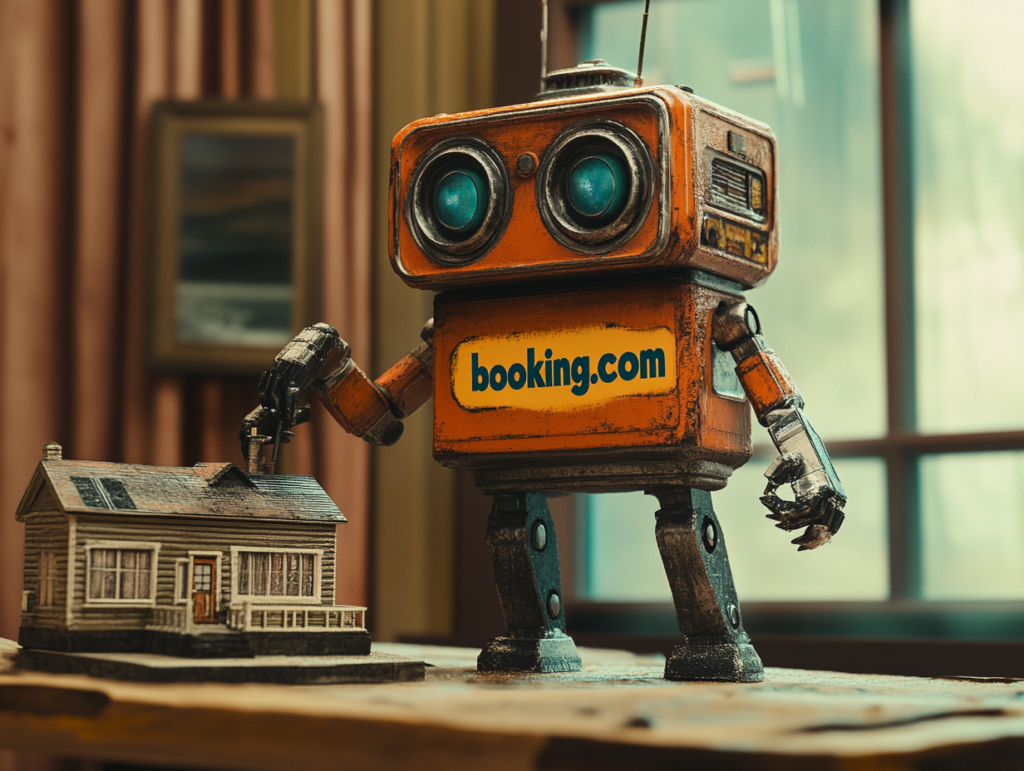 A booking.com robot destroying a hotel