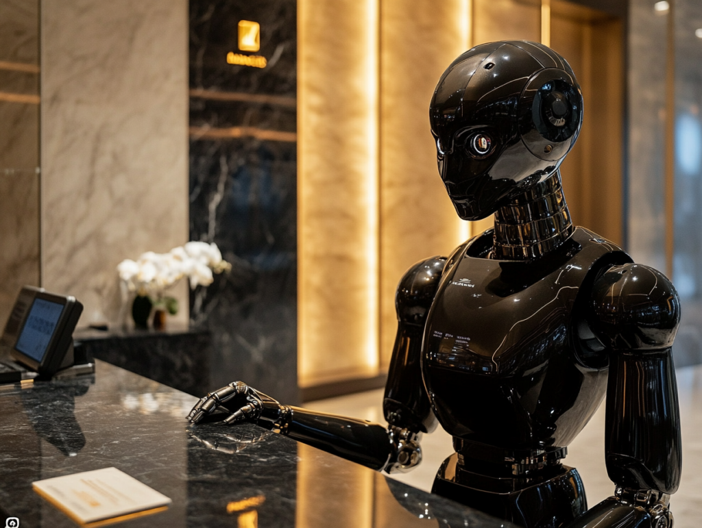 A humanoid robot working at a hotel