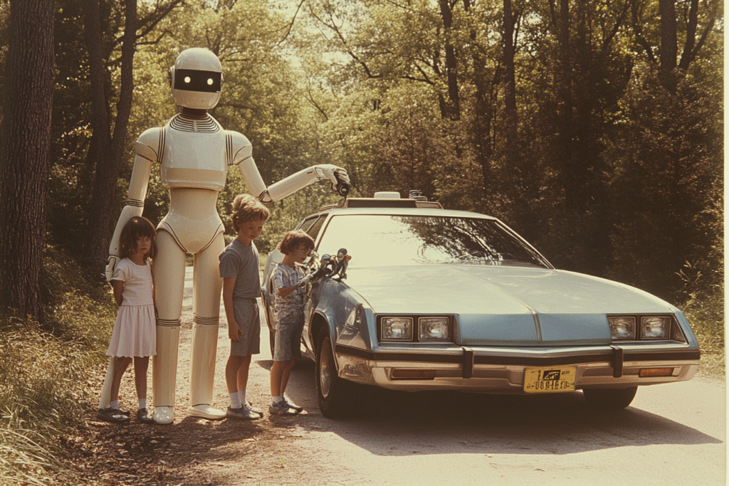 Family photo of a robot taking care of children