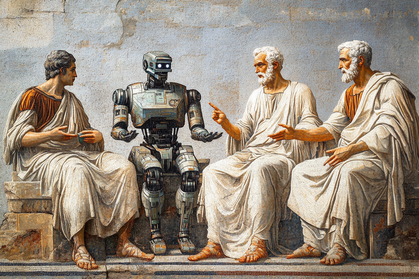 A humanoid robot debating philosophy in ancient greece