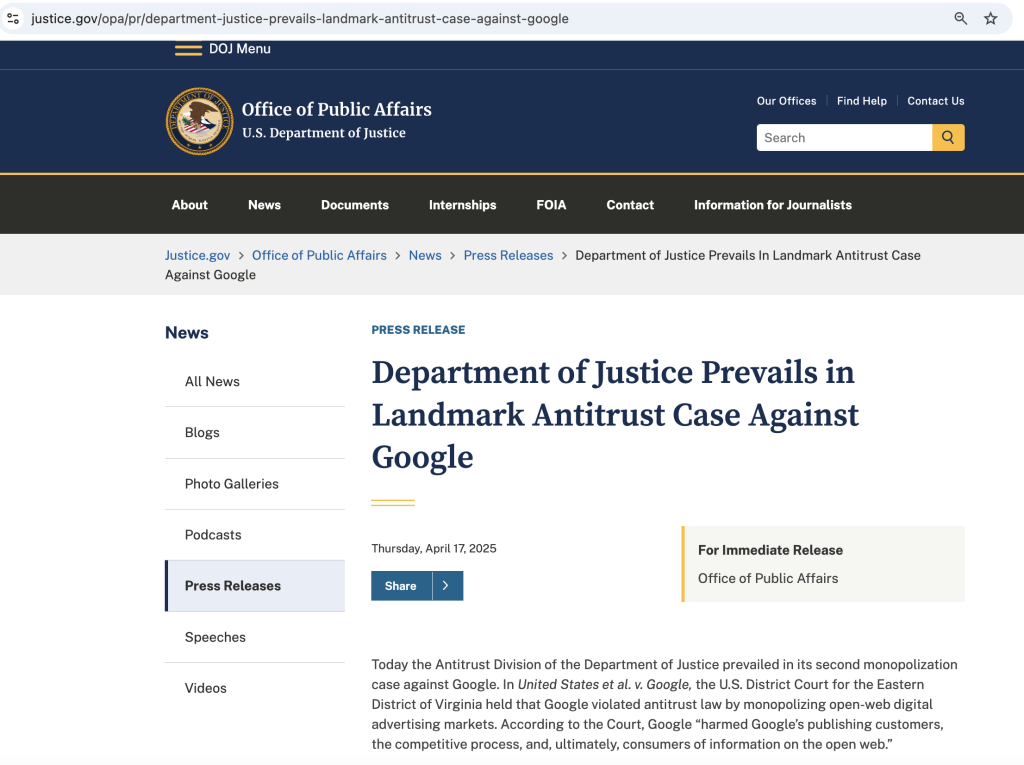 Google declared a monopolist by Department of Justice