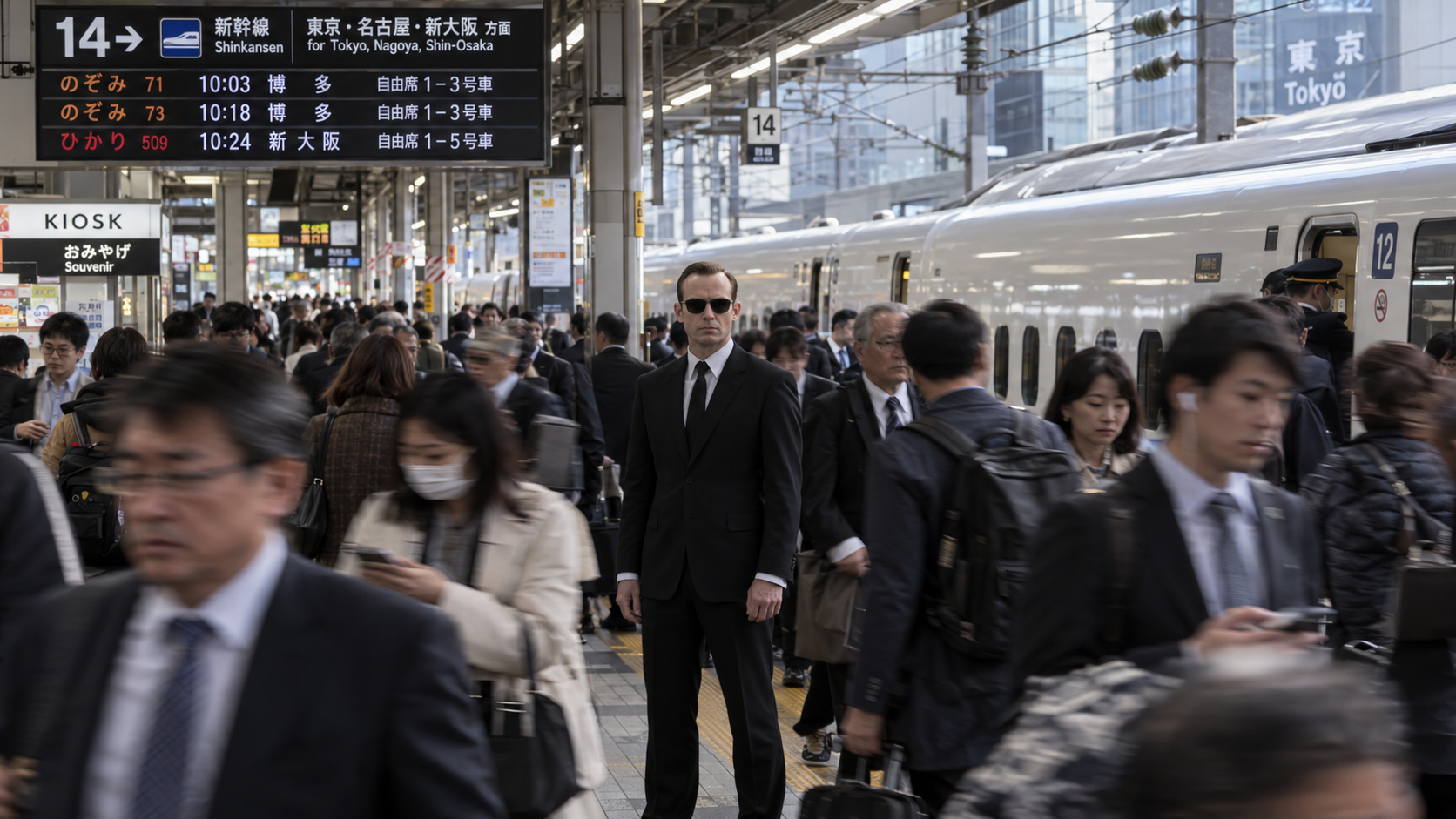 Agent Smith from The Matrix standing at Tokyo Station