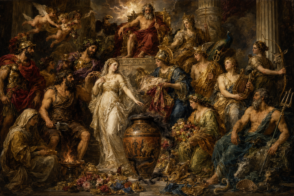 Baroque Painting of Pandora receiving the pithos on her wedding day