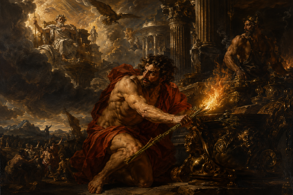 Baroque Painting of Prometheus Stealing Fire from The Gods