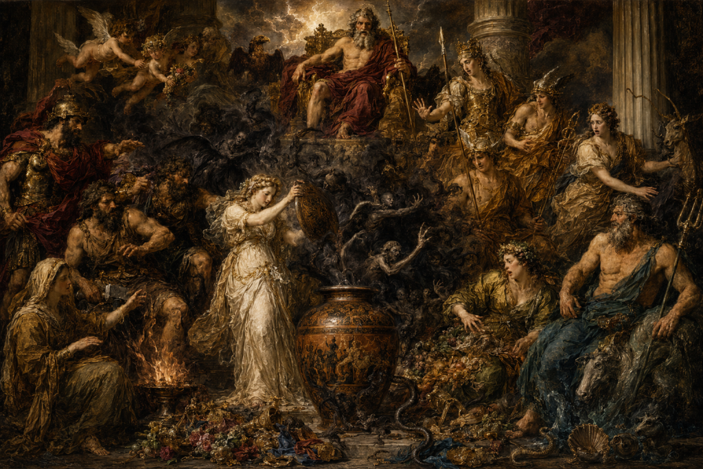 Pandora opening the pithos releasing evil into the world