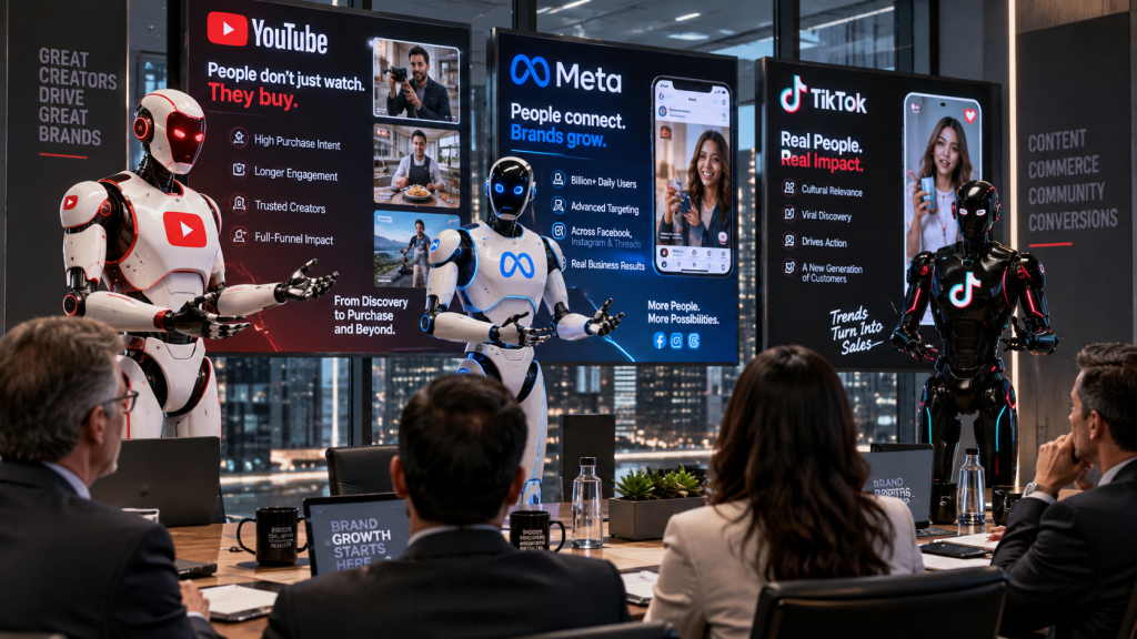 Robots from major ad platforms selling their products to executives