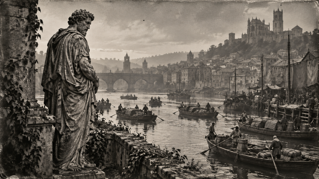 A Statue of Marcus Aurelius looking out over a river
