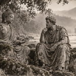 Statues of Buddha and Marcus Aurelius discussing philosophy by a river bank