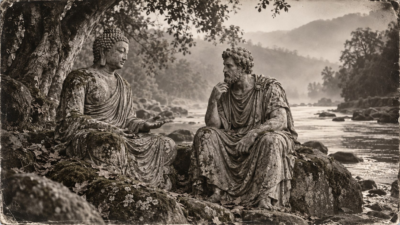 Statues of Buddha and Marcus Aurelius discussing philosophy by a river bank